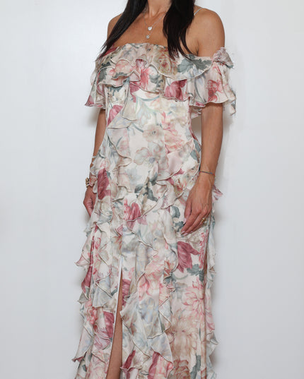 ABITO LUNGO CON ROUCHES IN CHIFFON STAMPATO