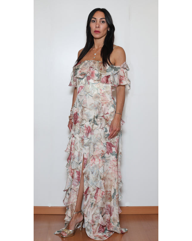 ABITO LUNGO CON ROUCHES IN CHIFFON STAMPATO