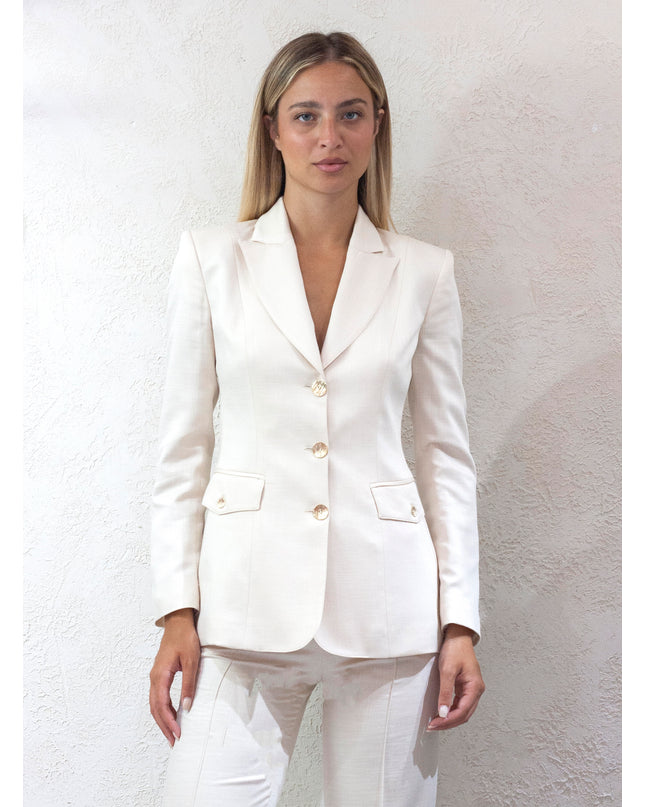 Single-breasted jacket with structured shoulder in cotton blend fabric and metal buttons