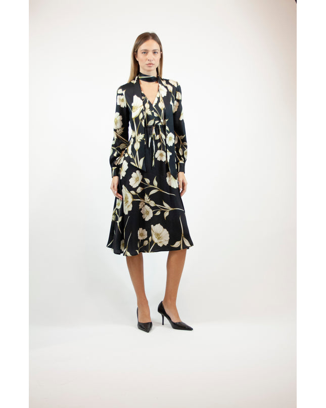 PRINTED SATIN LONGUETTE DRESS