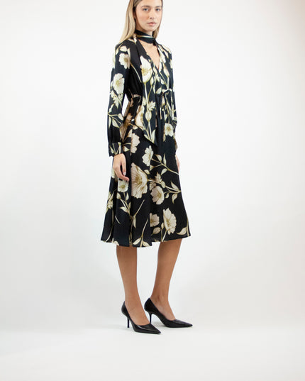 PRINTED SATIN LONGUETTE DRESS