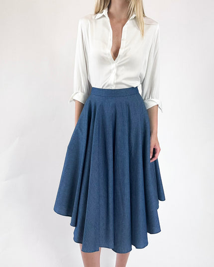 GONNA ASIMMETRICA LONGUETTE A SPICCHI (DENIM