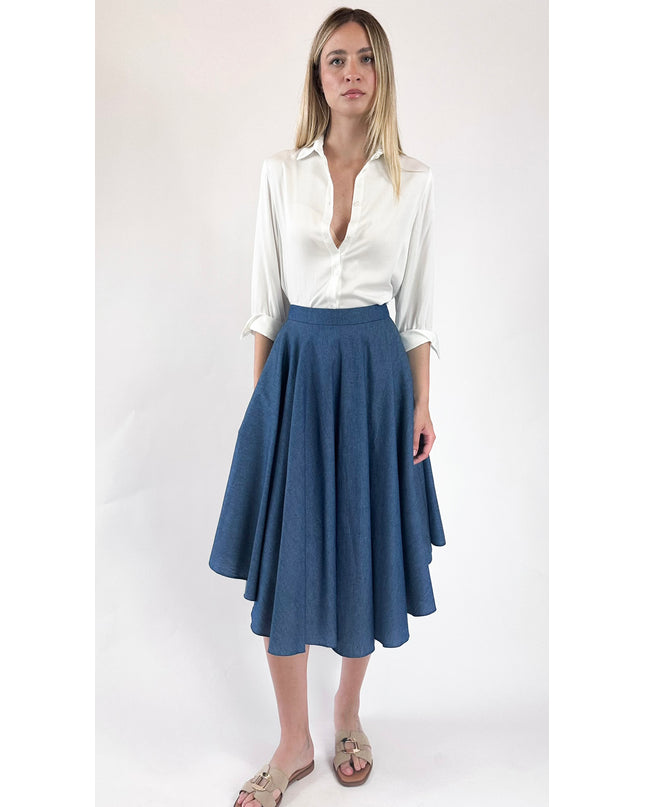 GONNA ASIMMETRICA LONGUETTE A SPICCHI (DENIM