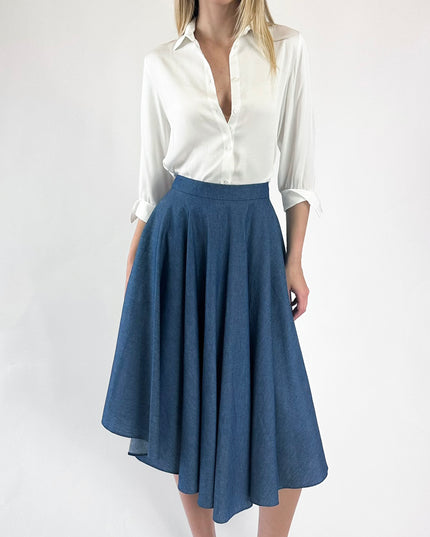 GONNA ASIMMETRICA LONGUETTE A SPICCHI (DENIM
