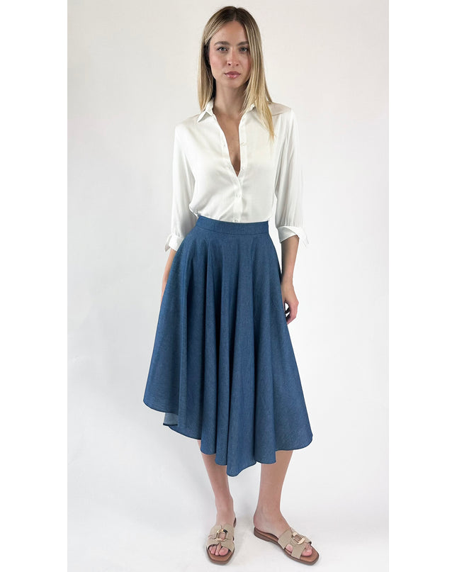 GONNA ASIMMETRICA LONGUETTE A SPICCHI (DENIM